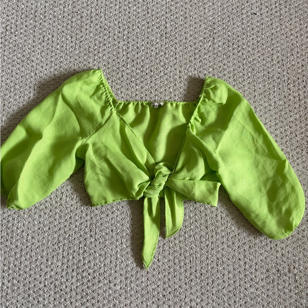Green Cotton-blend Tie Blouse